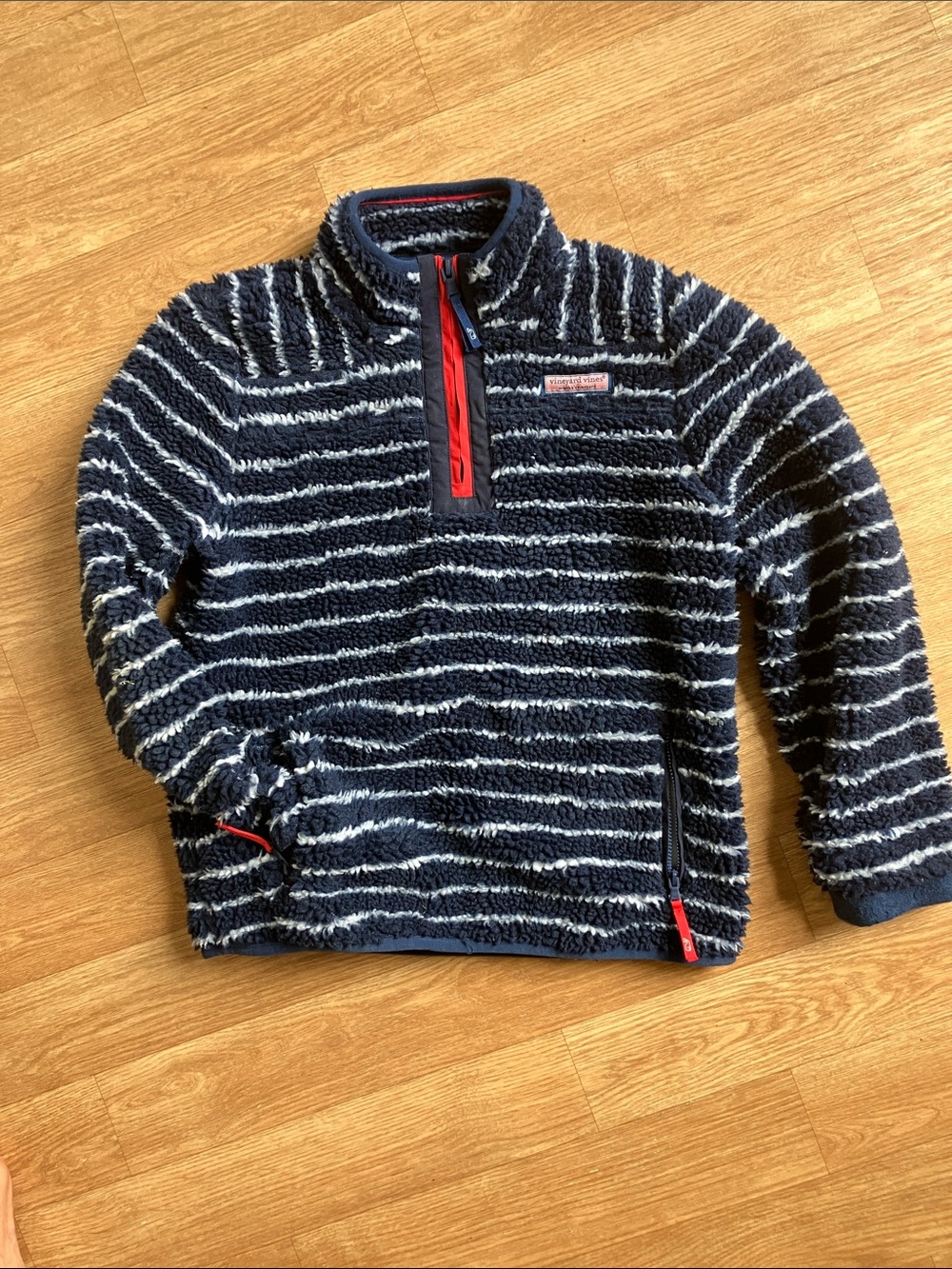 Vineyard Vines Navy & White Striped Fleece Half-Zip Pullover with Red Trim
